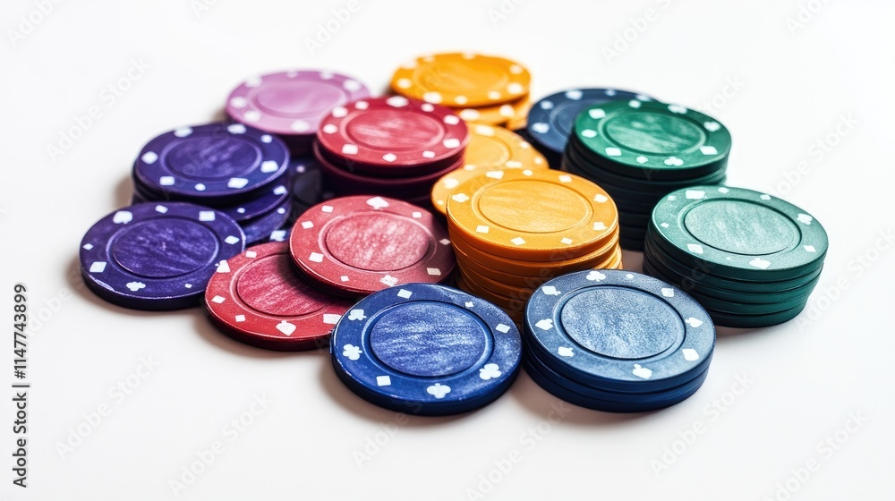 A vibrant collection of casino chips in different colors, displayed on a plain white background, ready for the next round of gaming action. A vibrant collection of casino chips in different colors, displayed on a plain white background, ready for the next round of gaming action.