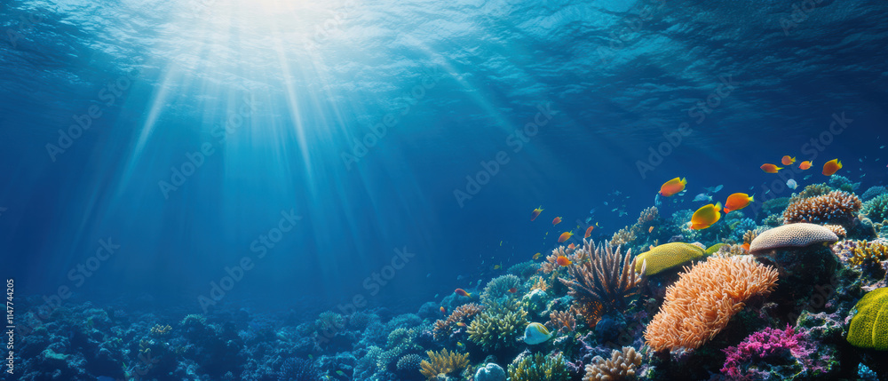 Naklejka premium Vibrant tropical reefscape with colorful fish and corals under sunlight