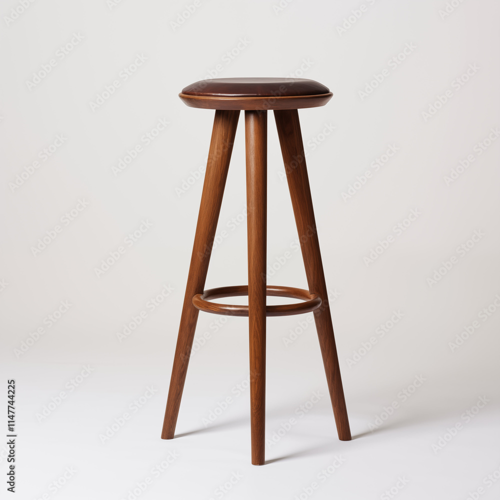 MidCentury Modern Wooden Bar Stool with Brown Leather Seat MidCentury Modern Wooden Bar Stool with Brown Leather Seat