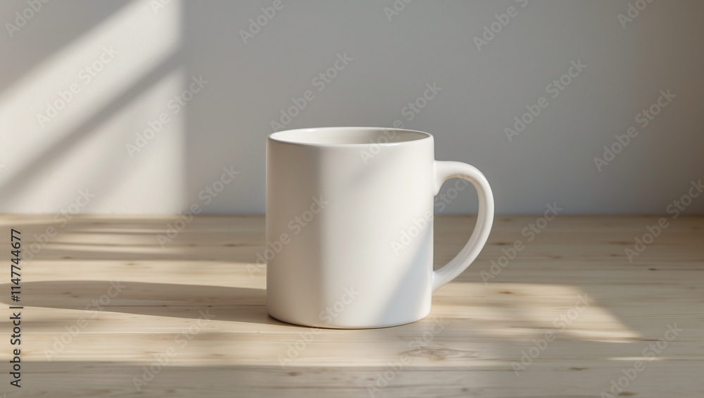 A pristine white ceramic mug Mock up, bathed in the gentle morning light, casts a soft shadow across the light wooden planks, offering a minimalist still life, A pristine white ceramic mug Mock up, bathed in the gentle morning light, casts a soft shadow across the light wooden planks, offering a minimalist still life,
