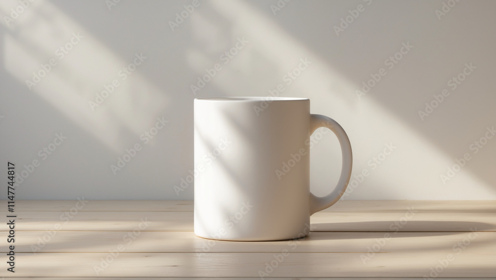 A pristine white ceramic mug Mock up, bathed in the gentle morning light, casts a soft shadow across the light wooden planks, offering a minimalist still life, A pristine white ceramic mug Mock up, bathed in the gentle morning light, casts a soft shadow across the light wooden planks, offering a minimalist still life,
