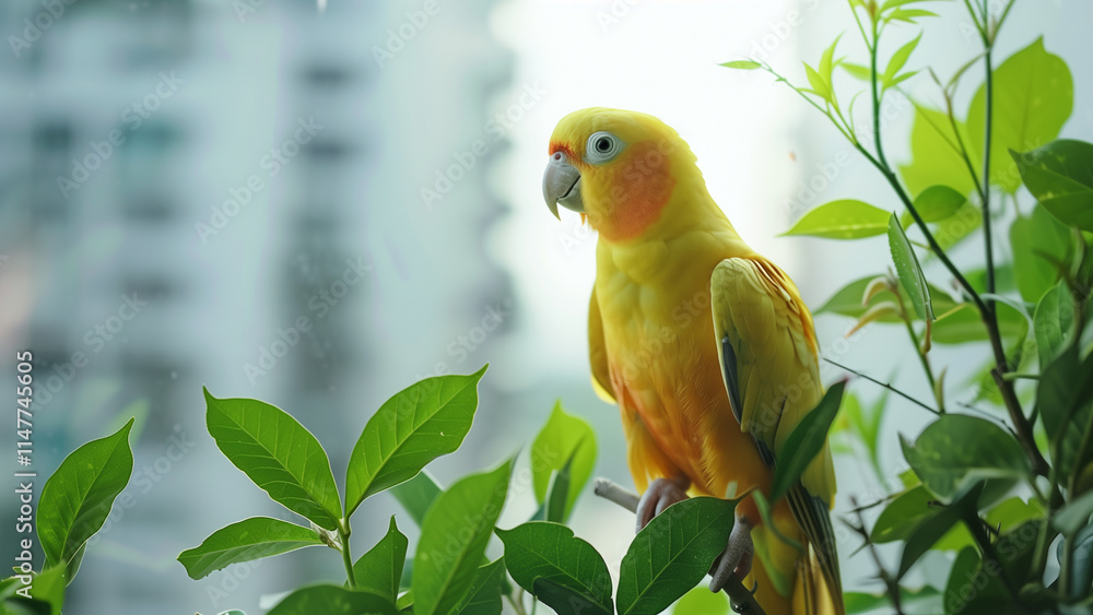 Sun Conure parrot bird perches on branch with lush green leaves, window with cityscape in background