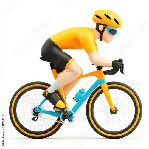 A cartoon cyclist in a bright orange outfit rides a blue bicycle, showcasing speed and energy against a white background. photo