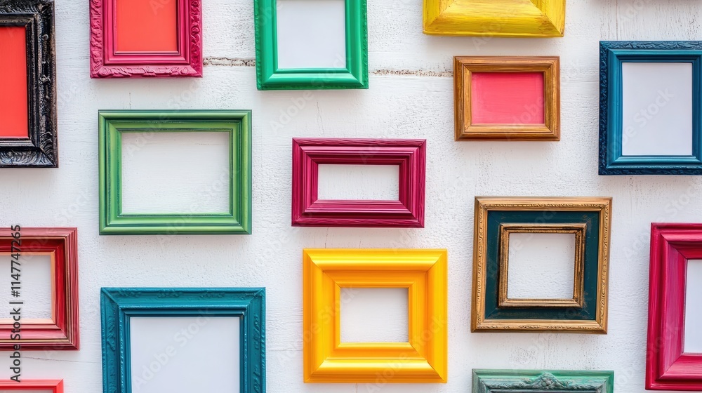 Brightly colored empty picture frames on a white wall, representing uniqueness and the beauty of individuality, with vibrant hues standing out. Brightly colored empty picture frames on a white wall, representing uniqueness and the beauty of individuality, with vibrant hues standing out.