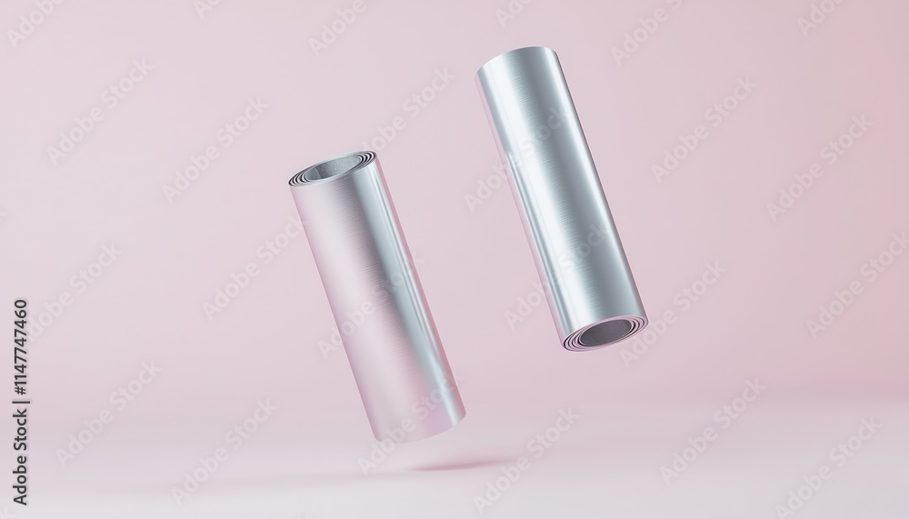 Floating silver paper tube mockups in mid-air, featured against a soft pink background. Floating silver paper tube mockups in mid-air, featured against a soft pink background.