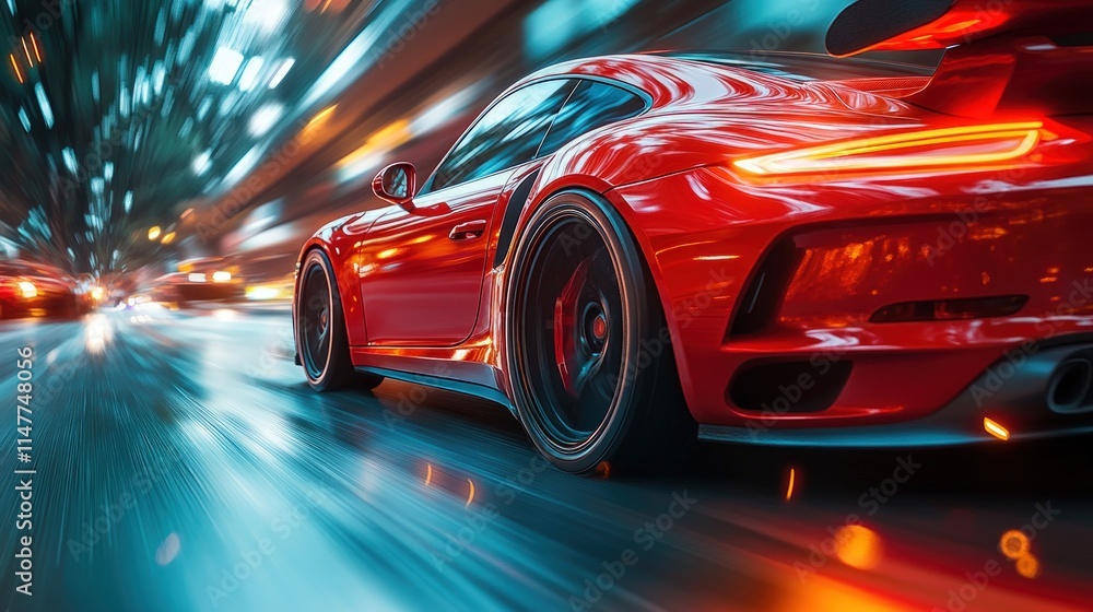 Fototapeta premium Red sports car speeding, night city blur.