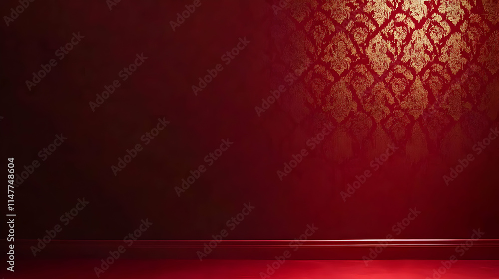 Red Room Background with Gold Damask Illustration Red Room Background with Gold Damask Illustration