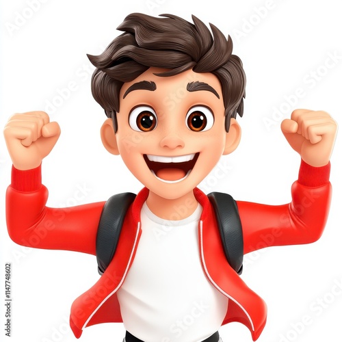 A cheerful animated boy in a red jacket and backpack, celebrating with raised fists and a big smile.