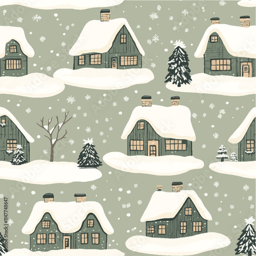 Seamless Christmas winter pattern showcasing cozy cabins