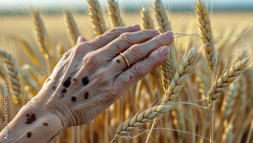 Weathered hand of a mature woman with wrinkles, age spots, and a few liver spots, gently touching the tips of golden wheat crops, photo