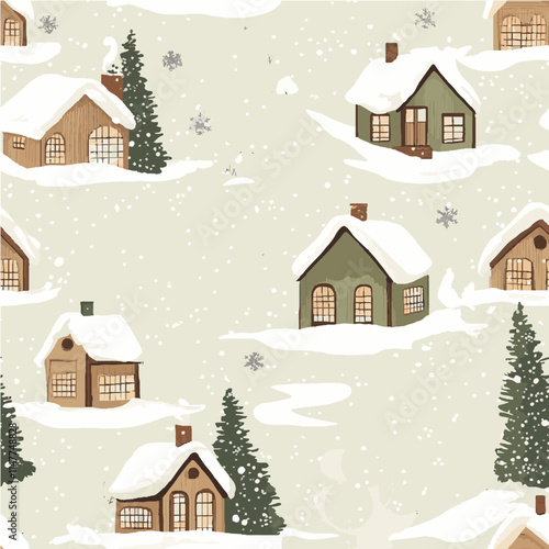 Seamless Christmas winter pattern showcasing cozy cabins