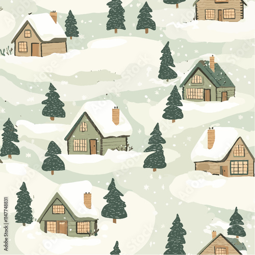 Seamless Christmas winter pattern showcasing cozy cabins