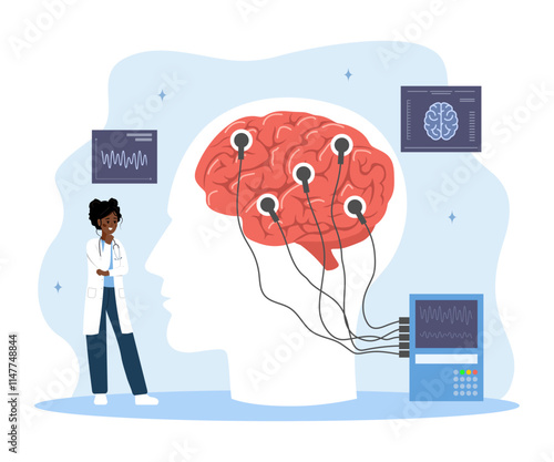 Neurologist concept. African Woman in medical uniform examine human brain. Electroencephalography. Brain Connected to Display with EEG Indication. Vector illustration in flat cartoon style.