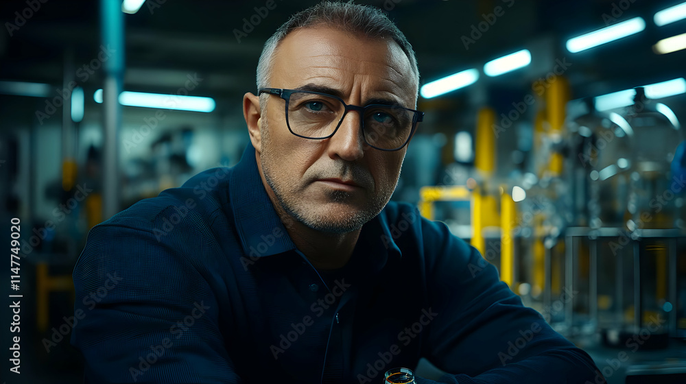 Serious Man in Glasses, Industrial Setting Photo Serious Man in Glasses, Industrial Setting Photo