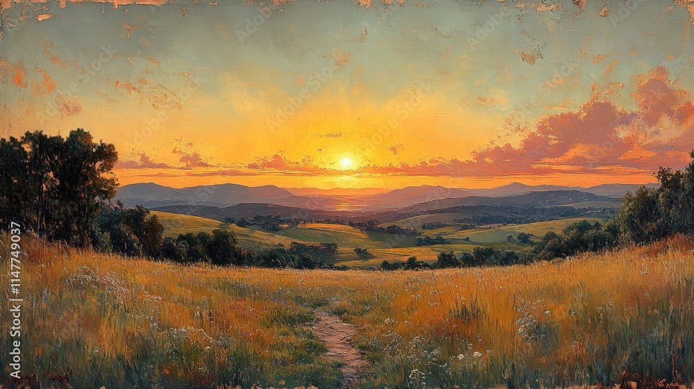Fototapeta premium Sunset over rolling hills, path through wildflowers.