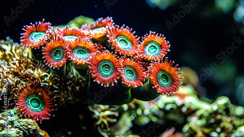 Vibrant red and green coral polyps underwater.