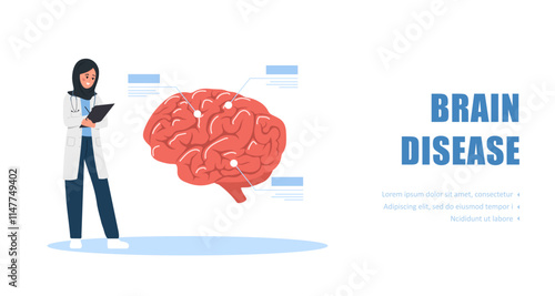 Brain disease concept. Islamic Woman in medical uniform examine huge organ. Neurological therapy. Vector illustration in flat cartoon style.