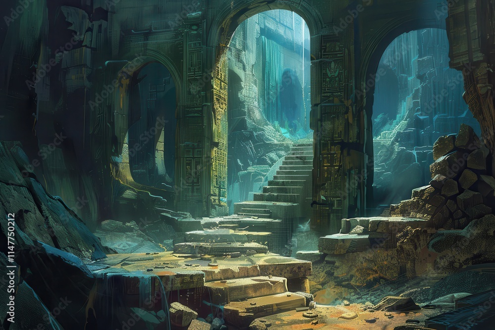 Obraz premium Ruined Ancient Stone Structure with Stairway Leading to Light