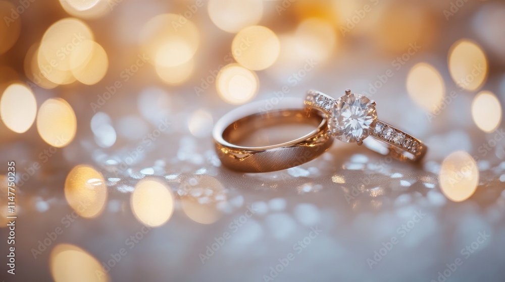 Intertwined wedding rings resting on a delicate surface, surrounded by soft, warm bokeh lights, creating a dreamy, romantic ambiance. Intertwined wedding rings resting on a delicate surface, surrounded by soft, warm bokeh lights, creating a dreamy, romantic ambiance.