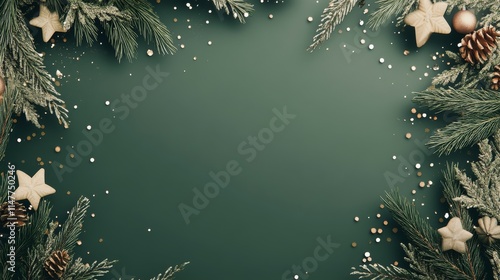 Christmas festive border with stylish decorations, fir branches, confetti, and space for text on green background – seasonal greetings card template


