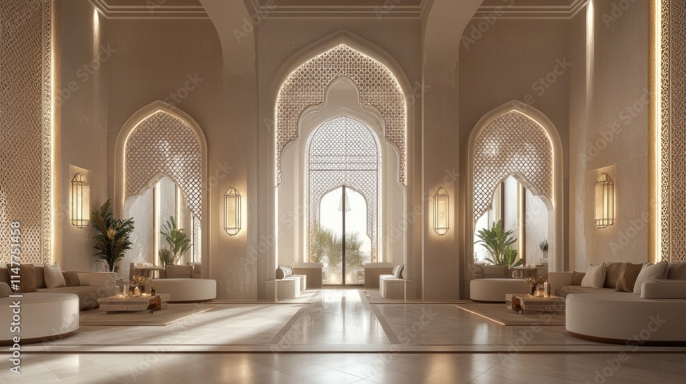 Softly glowing arches with intricate details in a calm, peaceful interior, creating an atmosphere of tranquility and elegance. Softly glowing arches with intricate details in a calm, peaceful interior, creating an atmosphere of tranquility and elegance.