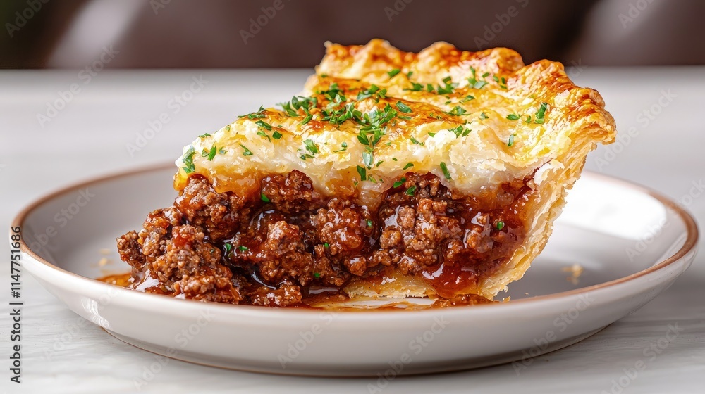 A slice of savory beef pie with a flaky crust, garnished with parsley, served on a plate.