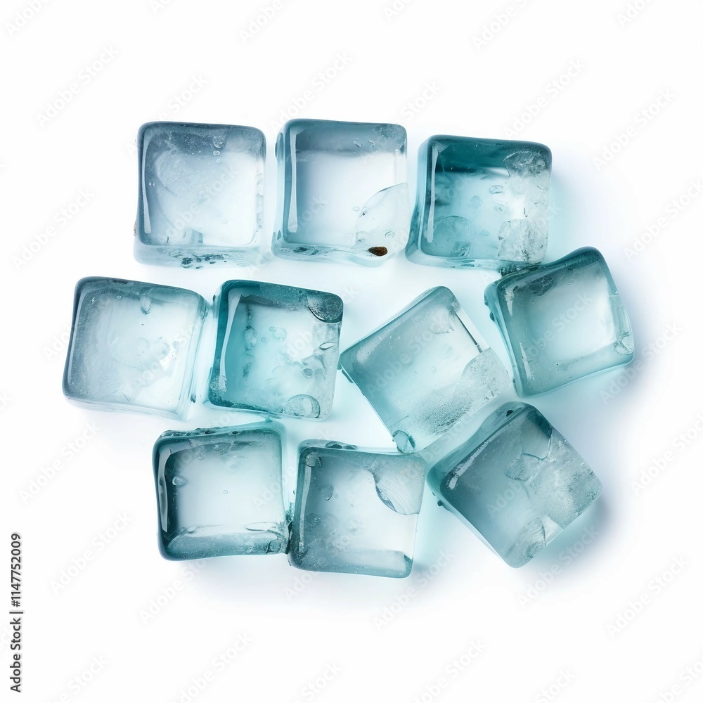 Ice Cubes, Isolated white background, flat lay Ice Cubes, Isolated white background, flat lay