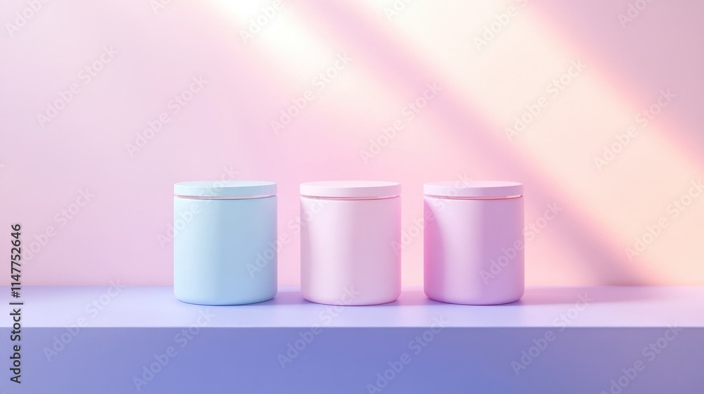 Three beautifully designed cream jars in pink, lavender, and blue, placed against a pastel-colored background with soft lighting, evoking elegance. Three beautifully designed cream jars in pink, lavender, and blue, placed against a pastel-colored background with soft lighting, evoking elegance.