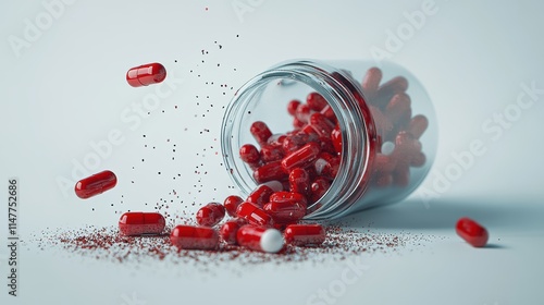 a glass jar that has been tipped over, spilling out a variety of capsules. The capsules are primarily red, with some featuring a white end. They are scattered around the jar, creating a dynamic