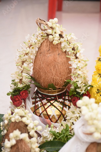 array of kumbums or sacred kudams of holy water kept in puja in sashtiyapthapurthi or sadhabishekam photo