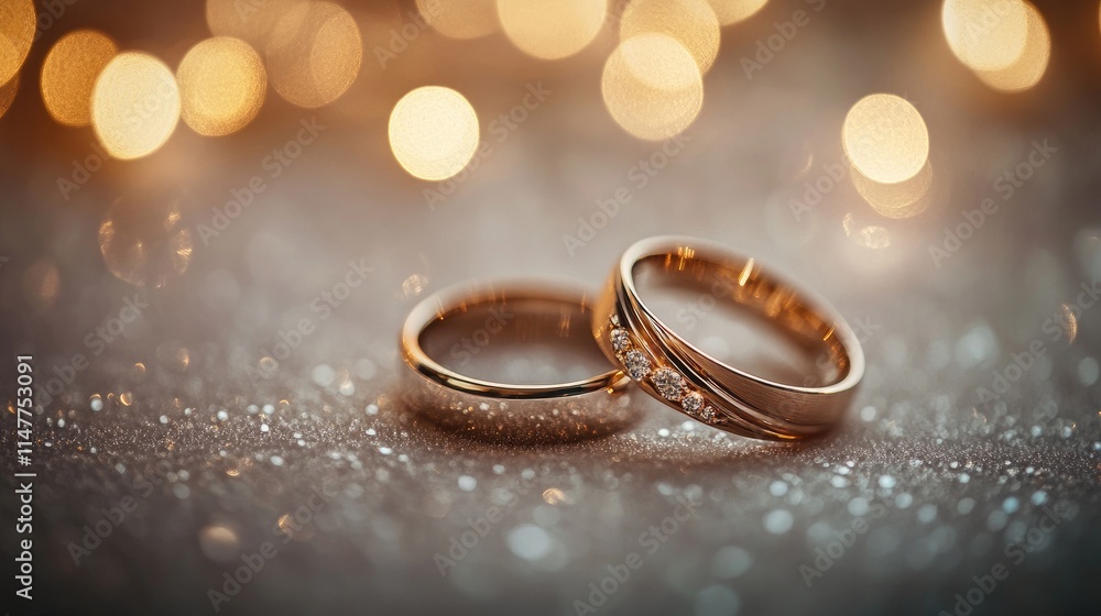 Two elegantly intertwined wedding rings resting on a soft, neutral surface, with glowing bokeh lights enhancing the romantic mood. Two elegantly intertwined wedding rings resting on a soft, neutral surface, with glowing bokeh lights enhancing the romantic mood.