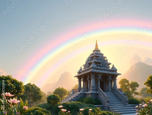 Serene Temple Sunrise With Rainbow Arching Over Mountains photo