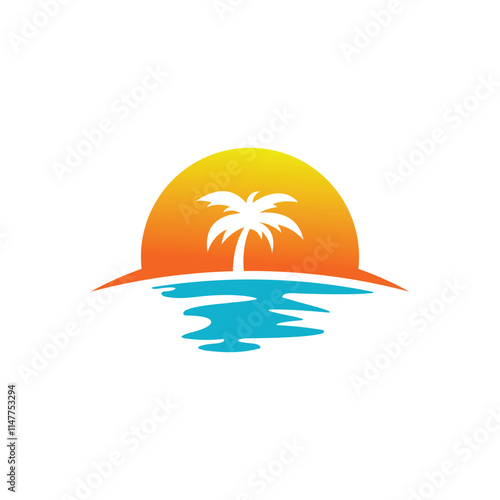 Palm tree beach lake silhouette for holiday travel logo design inspiration