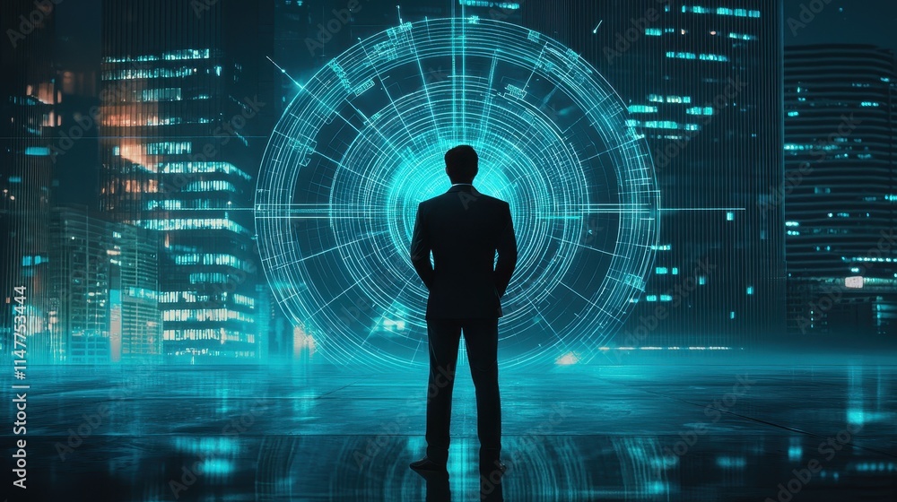 Business Executive Standing Before Digital Target in Futuristic Cityscape at Night Business Executive Standing Before Digital Target in Futuristic Cityscape at Night