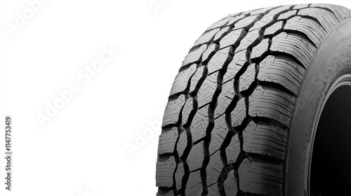 A close-up of a tire showcasing its tread pattern, emphasizing durability and performance for vehicles.