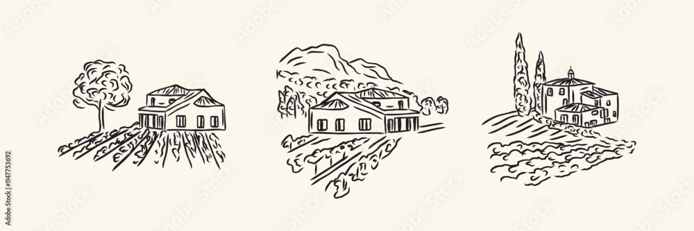 Hand drawn sketch vineyard landscapes Hand drawn sketch vineyard landscapes