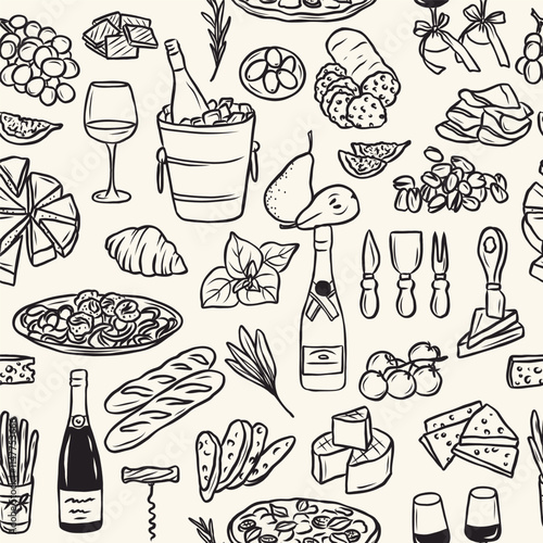 Hand drawn wine tasting elements seamless pattern	