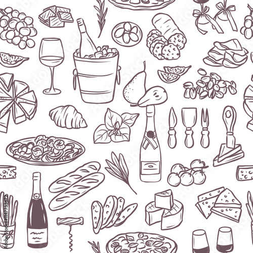 Hand drawn wine tasting seamless pattern