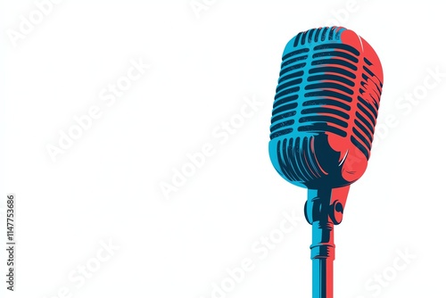 A vintage microphone design with a modern twist, featuring a bold color scheme of blue and red against a minimalist white background.