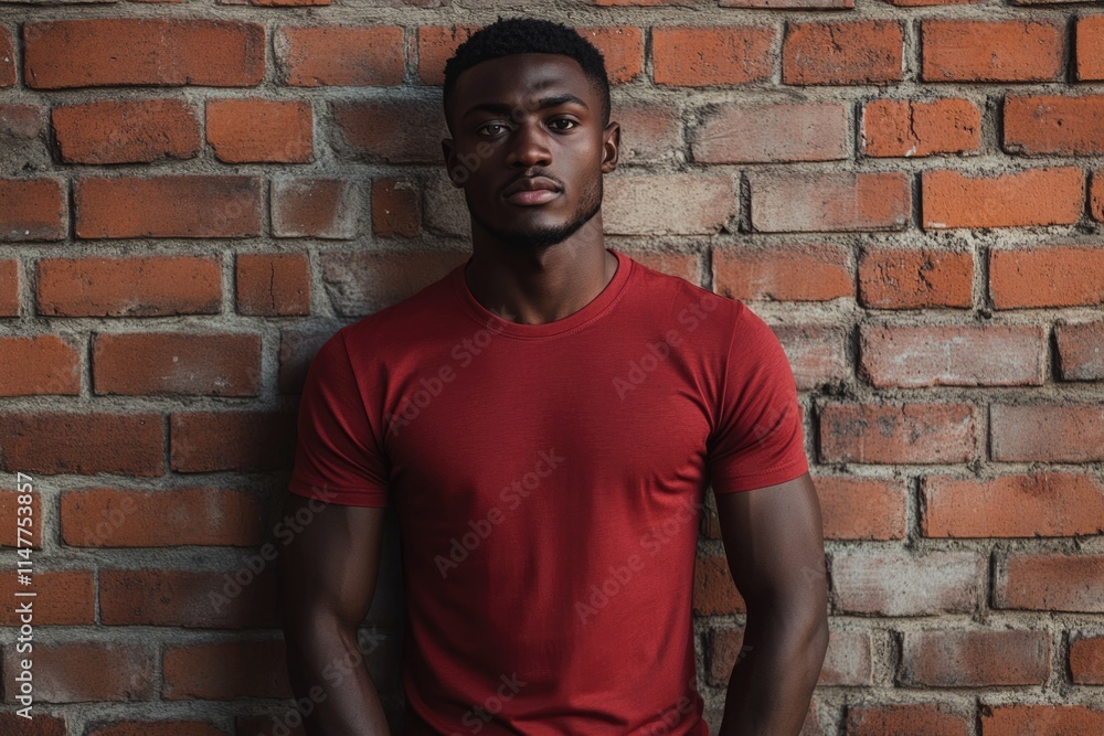 African male model standing in empty red t shirt against brick wall African male model standing in empty red t shirt against brick wall