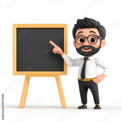 A cartoon character with glasses and a beard points to a blank chalkboard, dressed in a white shirt and tie, showcasing a friendly, educational vibe.