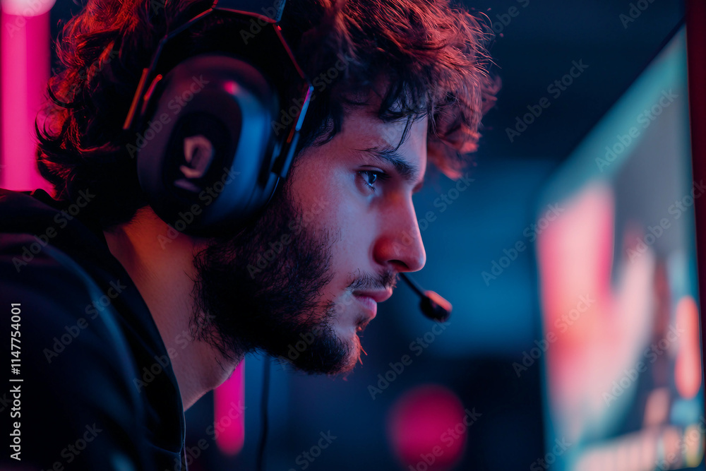 Gamer Immersed in Video Game with Headphones Highlighting Esports and Online Gaming Competition Generative AI Gamer Immersed in Video Game with Headphones Highlighting Esports and Online Gaming Competition Generative AI