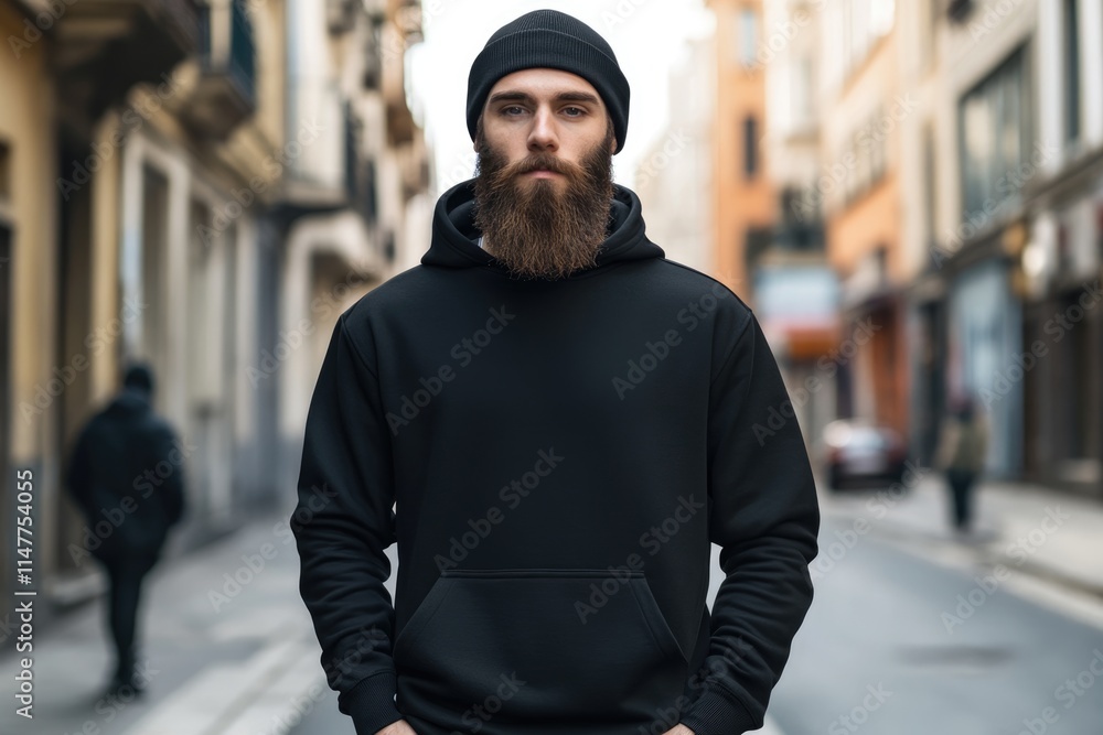 Fototapeta premium Hipster guy wearing black hoodie and hat mockup.
