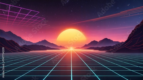 Retro background futuristic landscape 1980s style. Vector perspective grid. 80s sci-fi or game style. Retro neon background