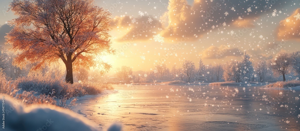 Fototapeta premium Snowy winter landscape at sunset with frosted trees.