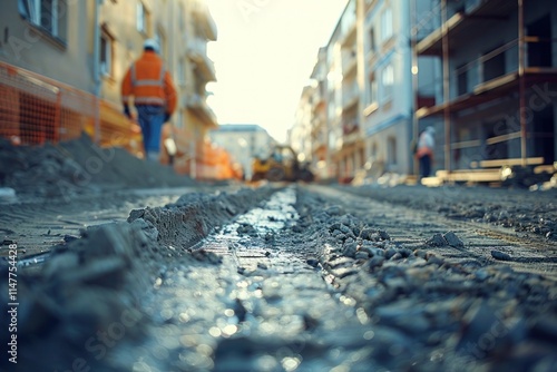 Close up of the rough and wet gravelly surface of a road under construction.  Construction site on an urban street. photo