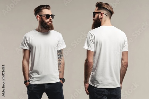 Hipster male model in white t shirt with sunglasses.