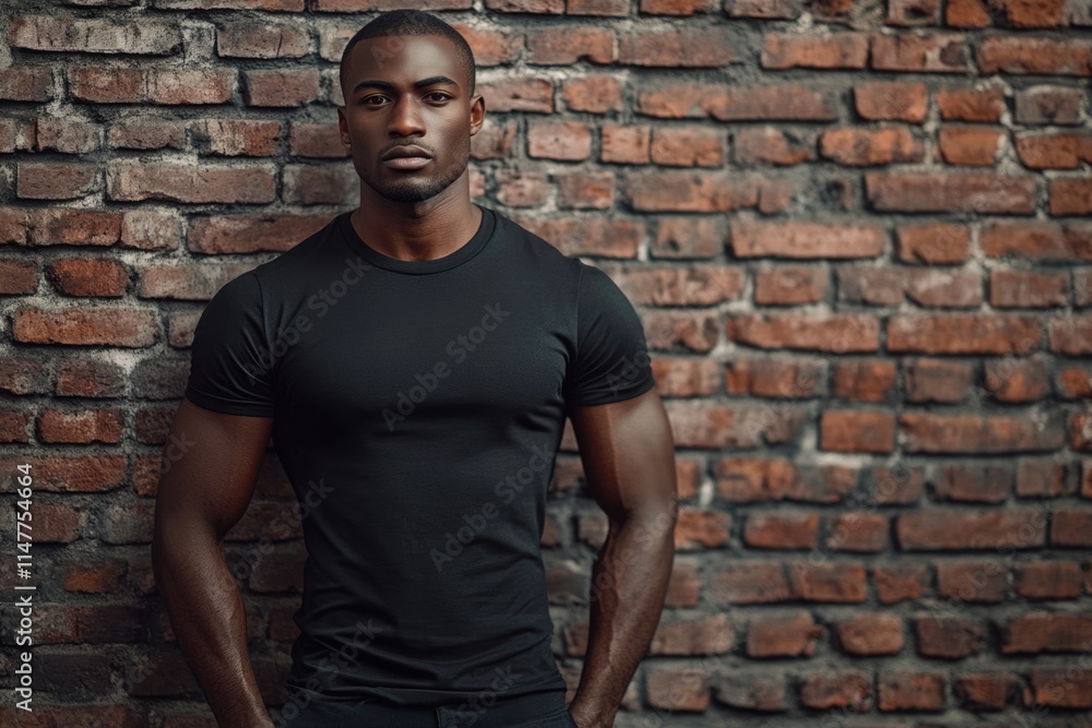 Obraz premium African American man in blank black t shirt against brick wall.