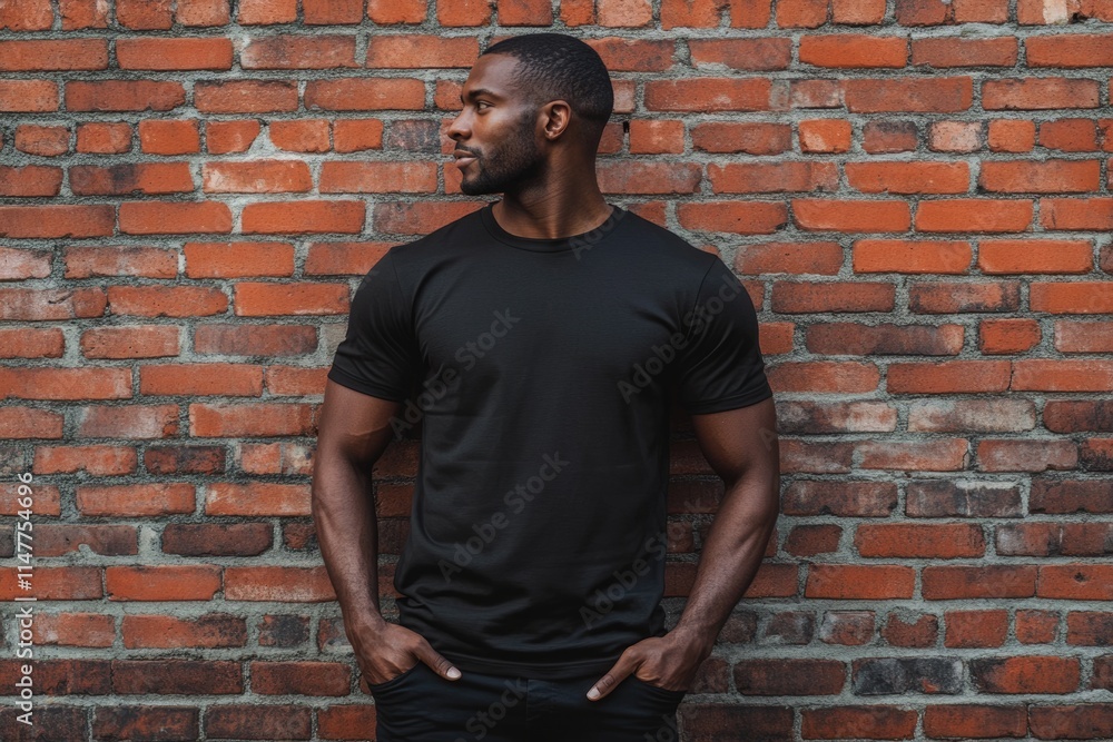 African American man in blank black t shirt against brick wall. African American man in blank black t shirt against brick wall.
