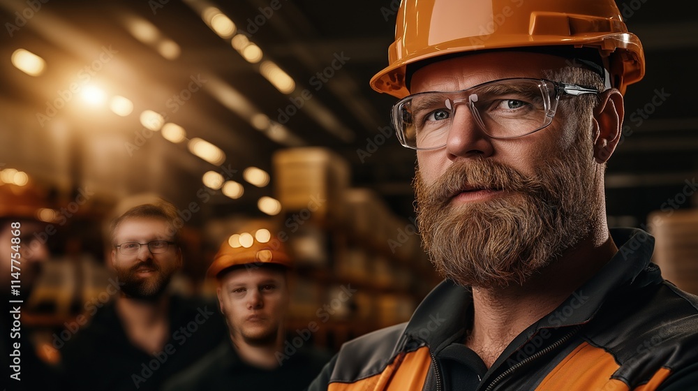 A confident warehouse manager in an orange hard hat and safety glasses, standing in a dimly lit industrial warehouse with a focused expression, surrounded by team members A confident warehouse manager in an orange hard hat and safety glasses, standing in a dimly lit industrial warehouse with a focused expression, surrounded by team members